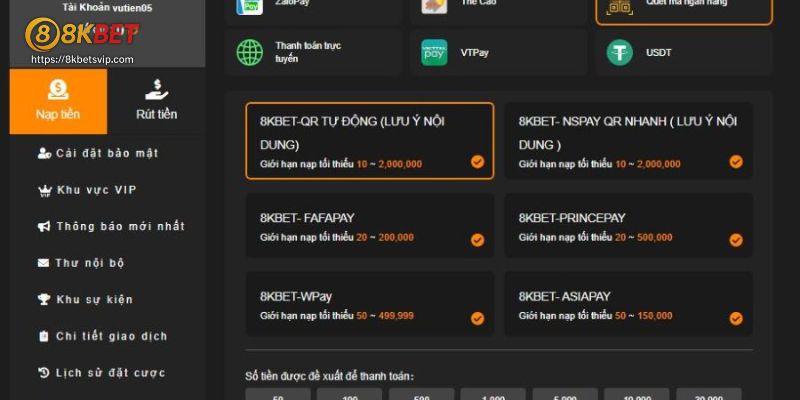 Hướng dẫn nạp tiền - Điều kiện nạp tiền tại 8kbet